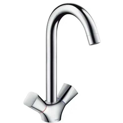 Hochglänzende Armatur von Hansgrohe mit einem gebogenen Auslauf und zwei seitlichen Griffen zur Temperaturregelung, in chromfarbener Ausführung.